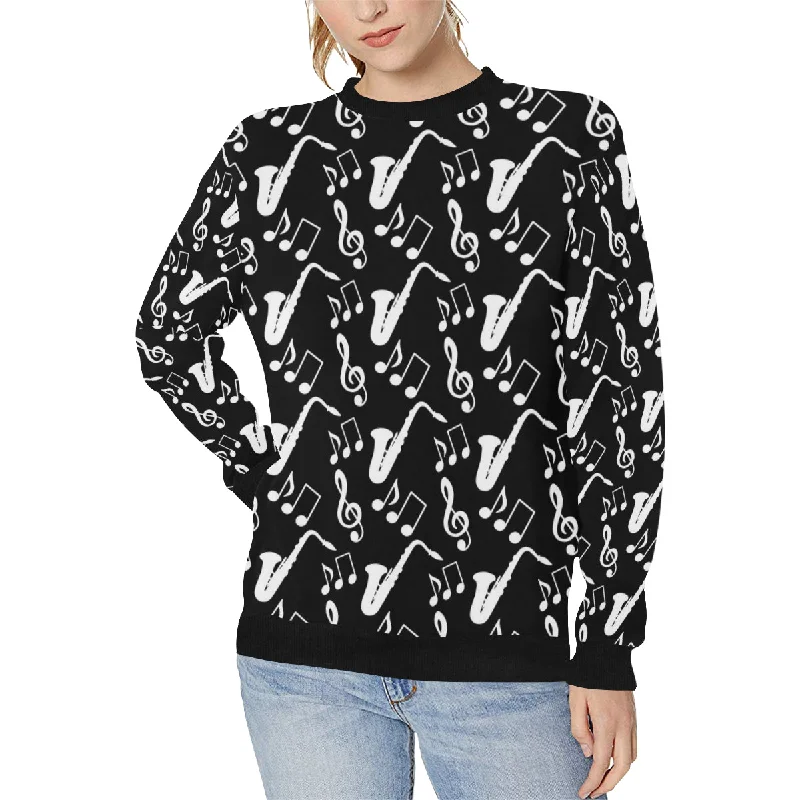 Saxophone music notes treble clef black white them Women's Crew Neck Sweatshirt Fleece Hoodies & Sweatshirts