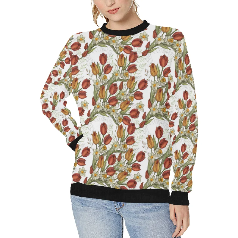 Red tulips and daffodils pattern Women's Crew Neck Sweatshirt Sporty Sweatshirts for Women