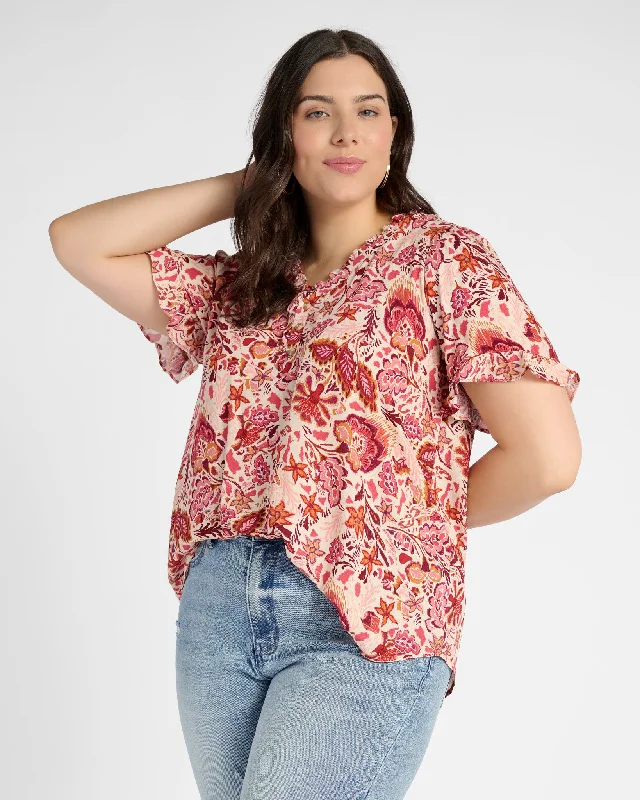 Plus Size Floral Woven Ruffle Sleeve Blouse