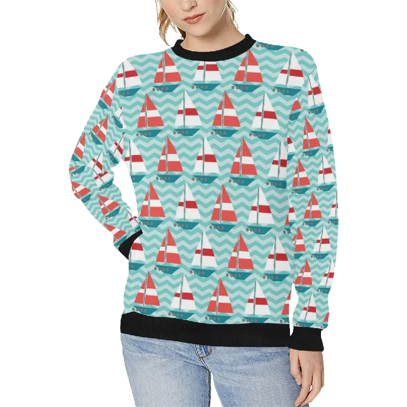 Red White sailboat wave background Women's Crew Neck Sweatshirt Hoodies for Winter Wear