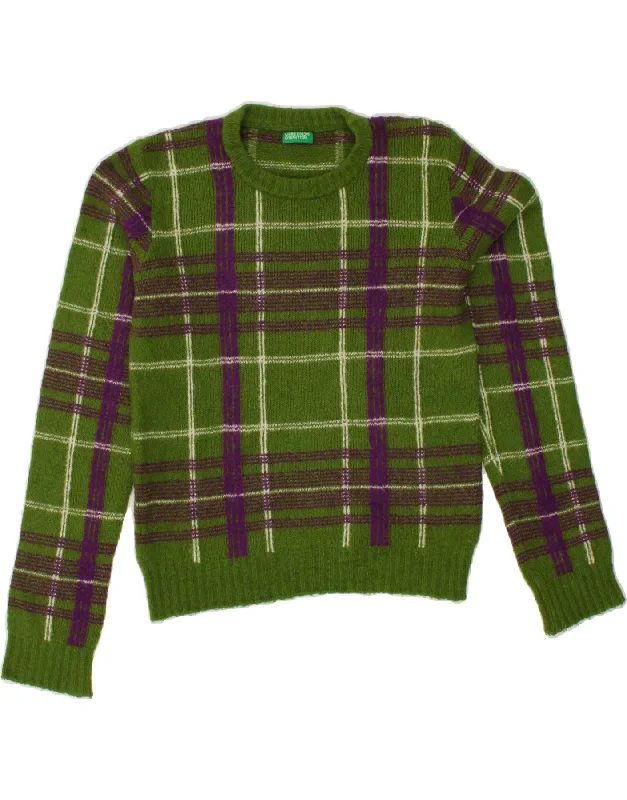 BENETTON Womens Crop Crew Neck Jumper Sweater UK 8 Small Green Check Columbia sweaters