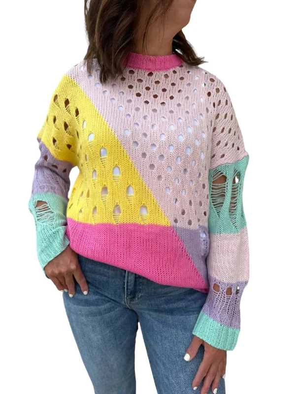 Distressed Detail Pullover Sweater In Pastel Color Block UV protection sweaters