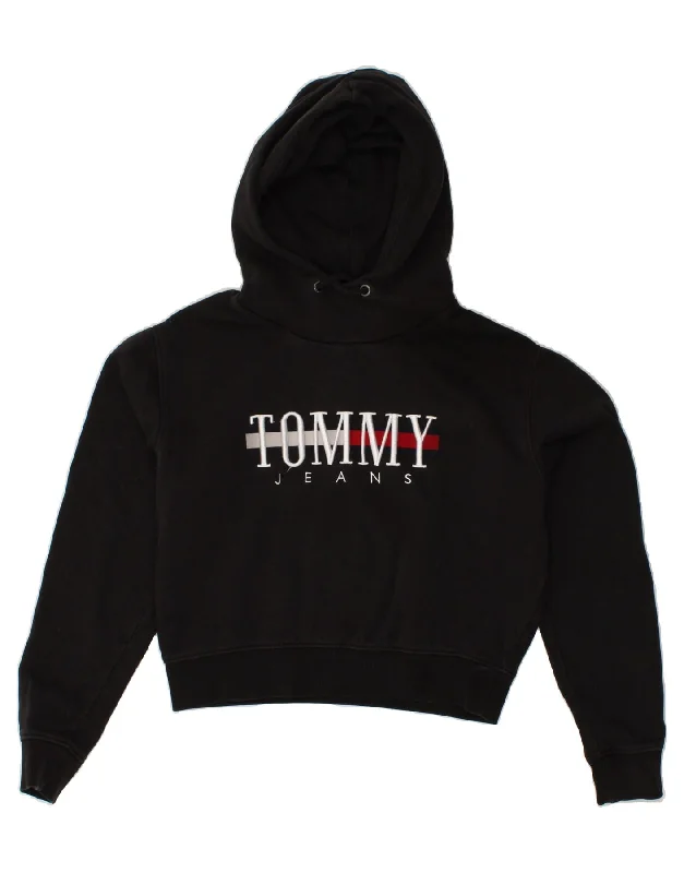 TOMMY HILFIGER Womens Oversized Crop Graphic Hoodie Jumper UK 6 XS Black Formal sweaters