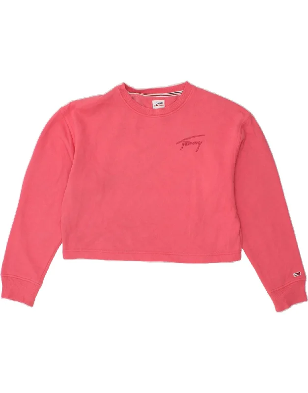 TOMMY HILFIGER Womens Oversized Crop Sweatshirt Jumper UK 6 XS Pink Cotton College sweaters