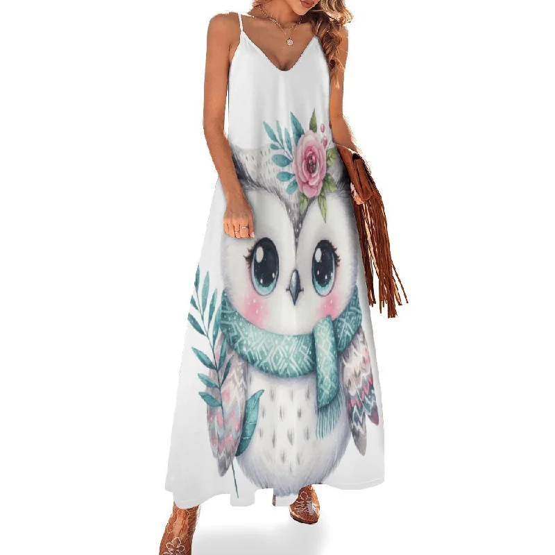 Owl Spaghetti Strap Ankle-Length Dress Long dress Winter maxi dresses