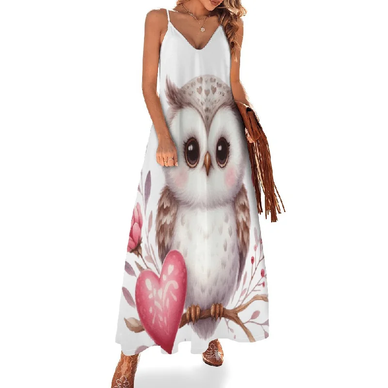 Owl Spaghetti Strap Ankle-Length Dress Long dress Ruffled maxi dresses