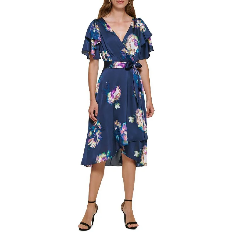 DKNY Womens Floral Faux Wrap Midi Dress Vintage midi dresses