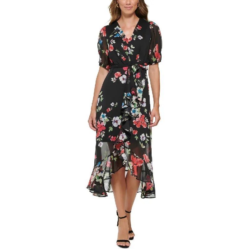 DKNY Womens Petites Floral Hi-Low Midi Dress Boho midi dresses