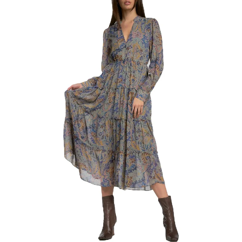 Elan Women's Printed V-Neck Long Sleeve A-Line Midi Dress Urban Outfitters midi dresses