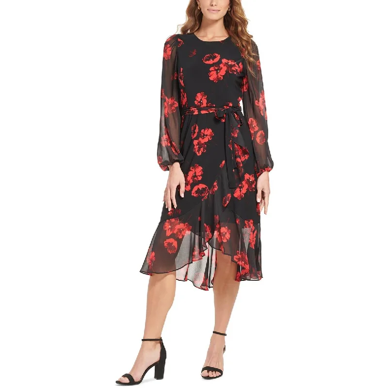 Tommy Hilfiger Womens Petites Floral Print Sheer Midi Dress Minimalist midi dresses