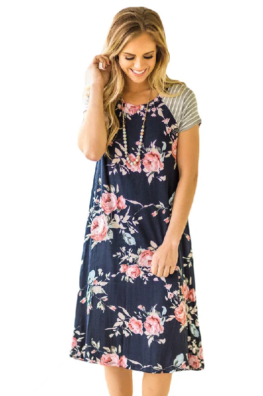 Sexy Navy Blue Backdrop Floral Print A-line Loose T-shirt Dress Smocked floral dresses