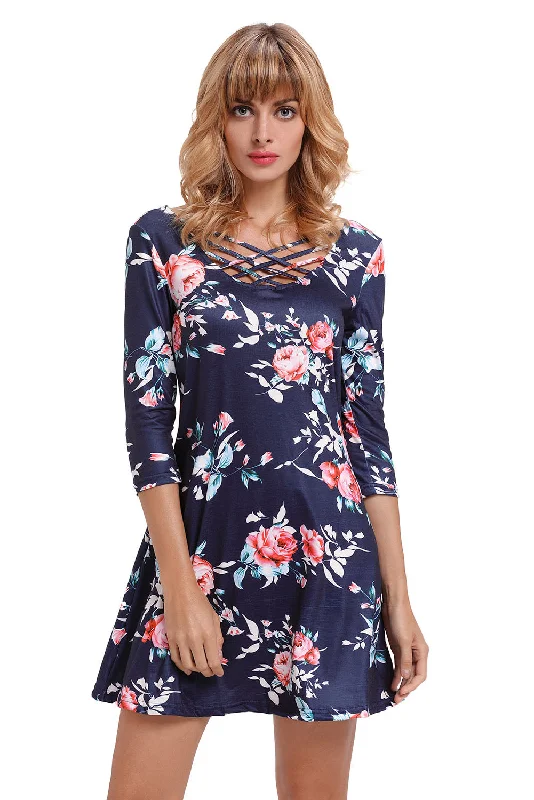 Sexy Navy Blue Fence Neck Floral Print T Shirt Dress Boohoo floral dresses