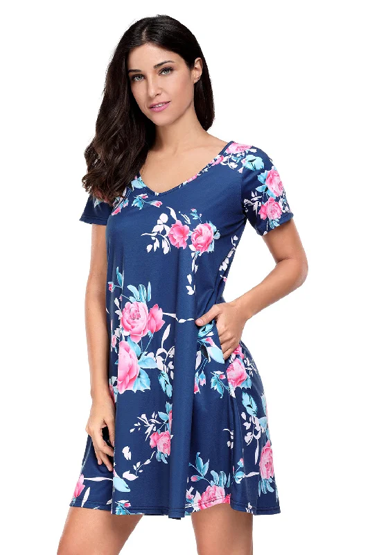 Sexy Navy Blue Pocket Design Summer Floral Shirt Dress H&M floral dresses