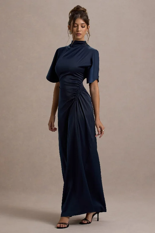 Audley | Navy Satin High-Neck Flutter-Sleeve Maxi Dress Maxi Skirt Party