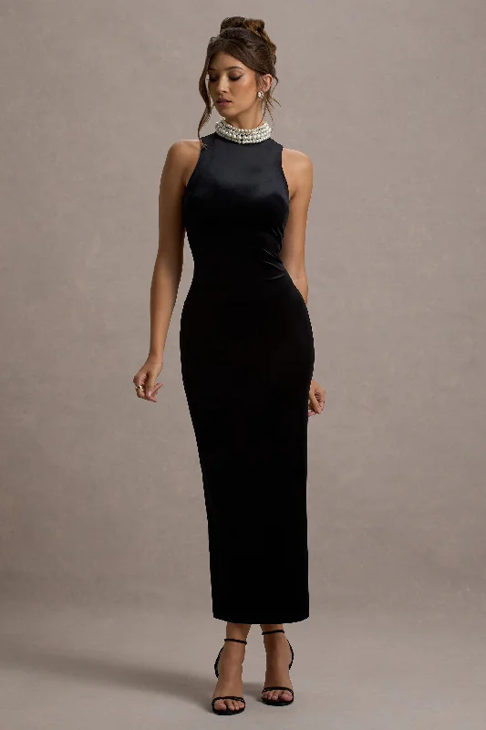 Audrine | Black Velvet Embellished High-Neck Maxi Dress Stretch Maxi Skirt