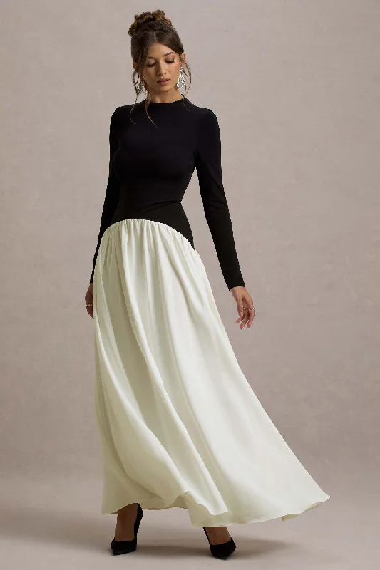 Benedetta | Black & Cream Long-Sleeve Drop-Waist Maxi Dress Printed Long Skirt