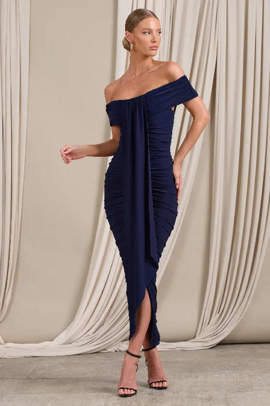 Camrin | Navy Ruched Bardot Maxi Dress With Train Detail Maxi Skirt Style