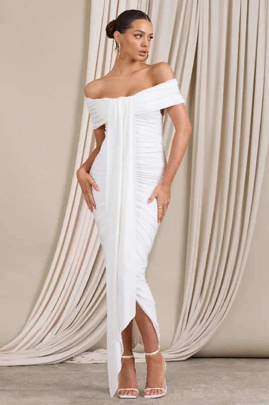 Camrin | White Ruched Bardot Maxi Dress With Train Detail Elegant Maxi Look