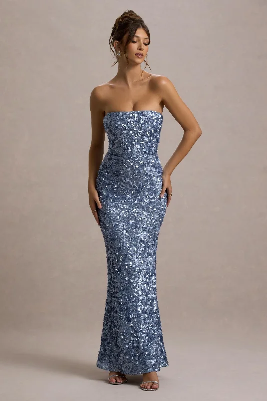 Evabeth | Powder Blue Sequin Strapless Maxi Dress High-Waist Maxi Skirt