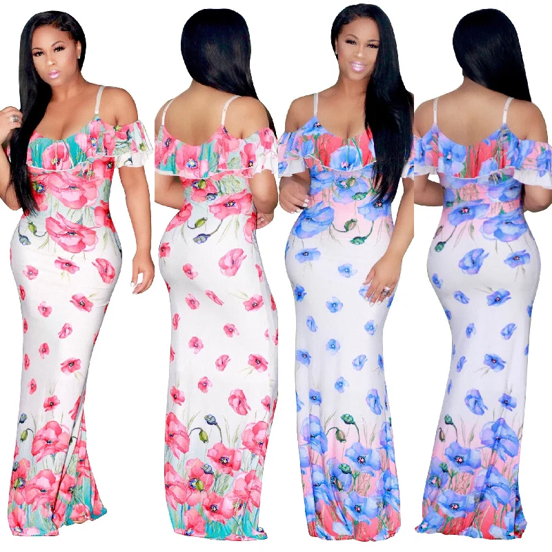 Flower Print Spaghetti Straps Sleeveless Long Dress Maxi Skirt Trendy