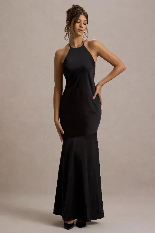 Frida | Black Satin Halter-Neck Backless Maxi Dress Sexy Maxi Skirt