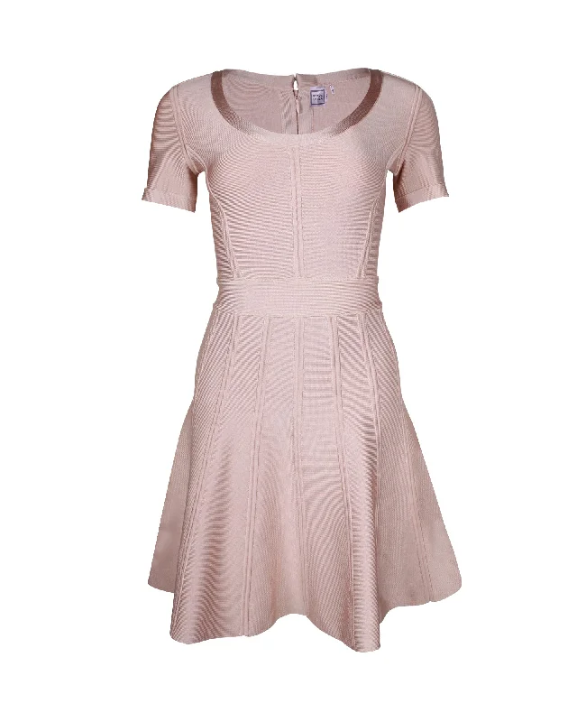 Herve Leger Trish A-Line Mini Dress in Pastel Pink Rayon Soft Mini Skirt