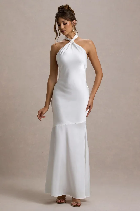 Knox | White Satin Knot Halter-Neck Maxi Dress Midi Maxi Outfit