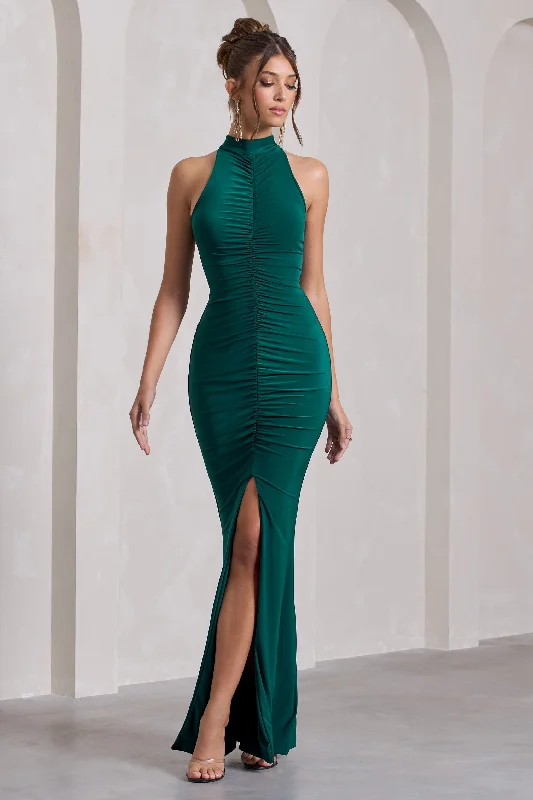 Memorable | Bottle Green Ruched High-Neck Split Maxi Dress Skirt with Slits