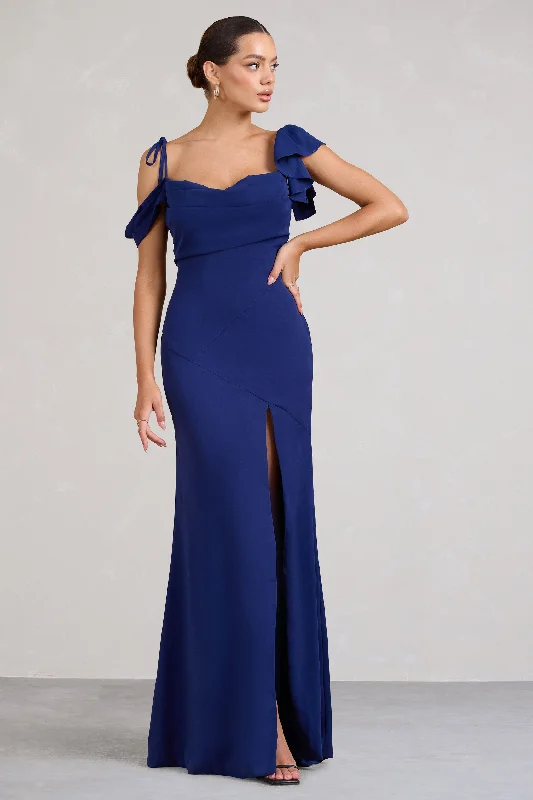 Merlot | Navy Asymmetric Draped Split Maxi Dress Slim-fit Maxi Skirt