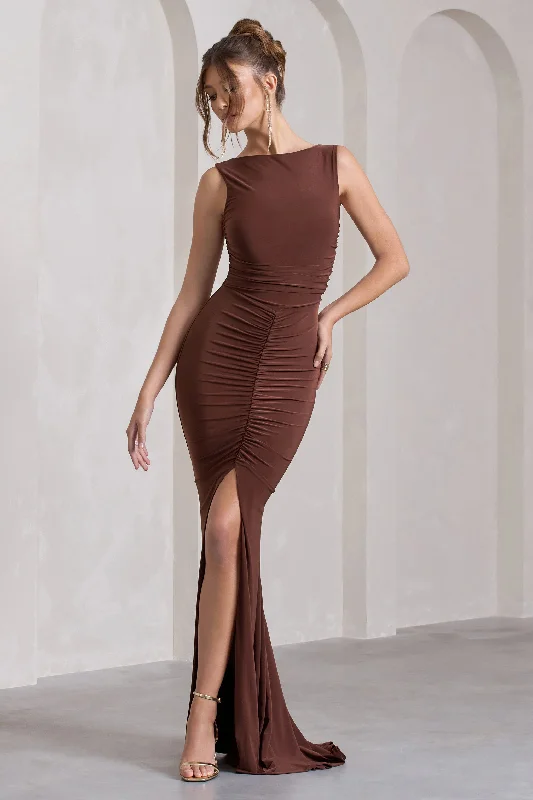 My Presence | Chocolate Brown Low-Back Fishtail Split Maxi Dress Summer Floral Maxi