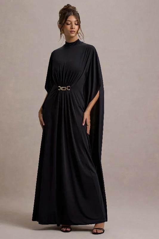 Olessia | Black Belted Gathered Cape-Sleeve Maxi Dress Front Slit Maxi