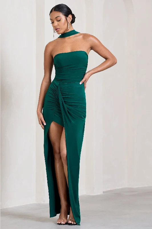 Paprika | Bottle Green Ruched Halter-Neck Bandeau Maxi Dress Wrap Maxi Skirt