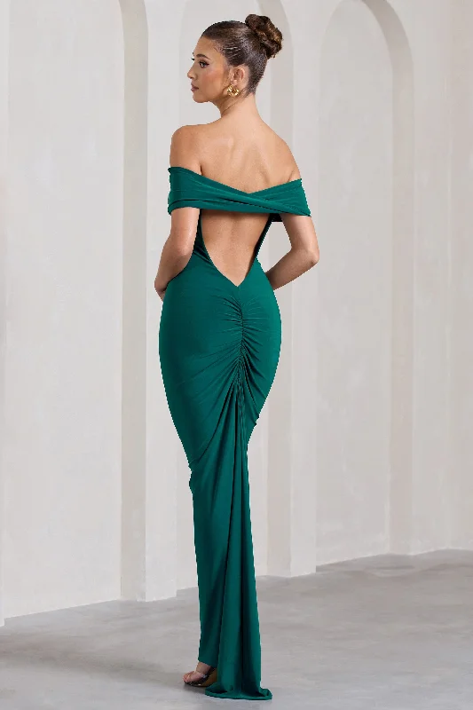 Vivienne | Bottle Green Bardot Open-Back Maxi Dress Front Pocket Maxi