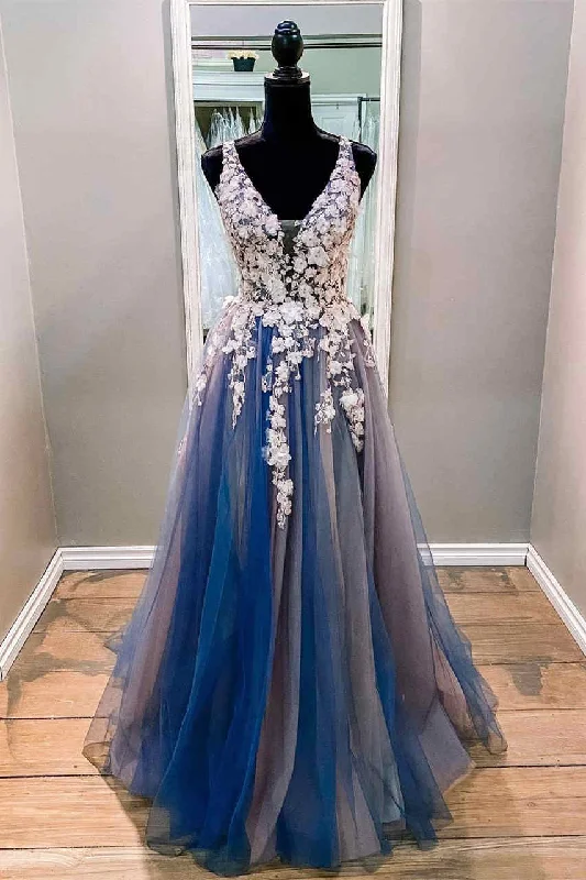 V-Neck White and Blue Prom Dress with Appliques Flowy unclassified dresses